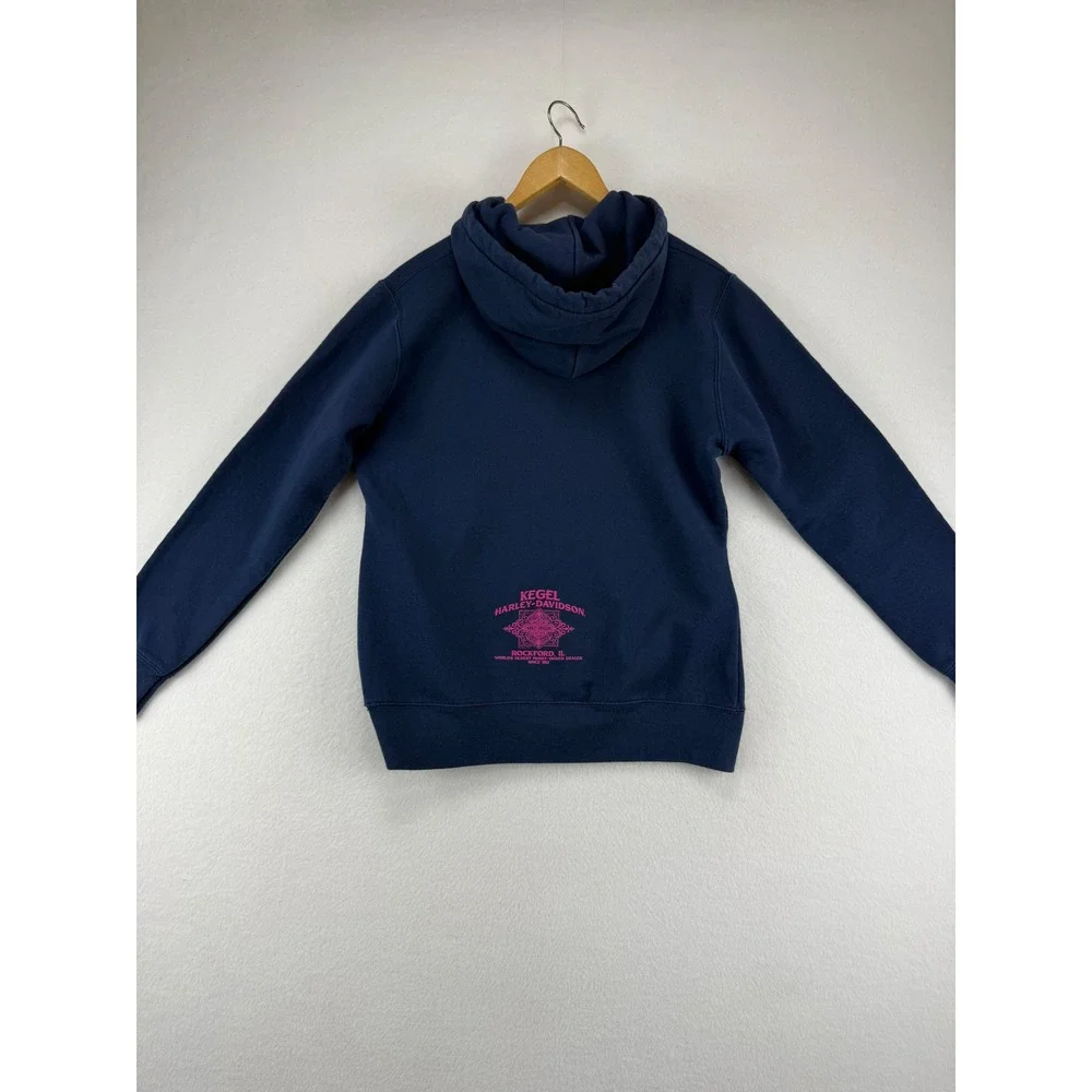Harley-Davidson Hoodie Girls Medium Blue Pink Graphic Pullover Sweatshirt